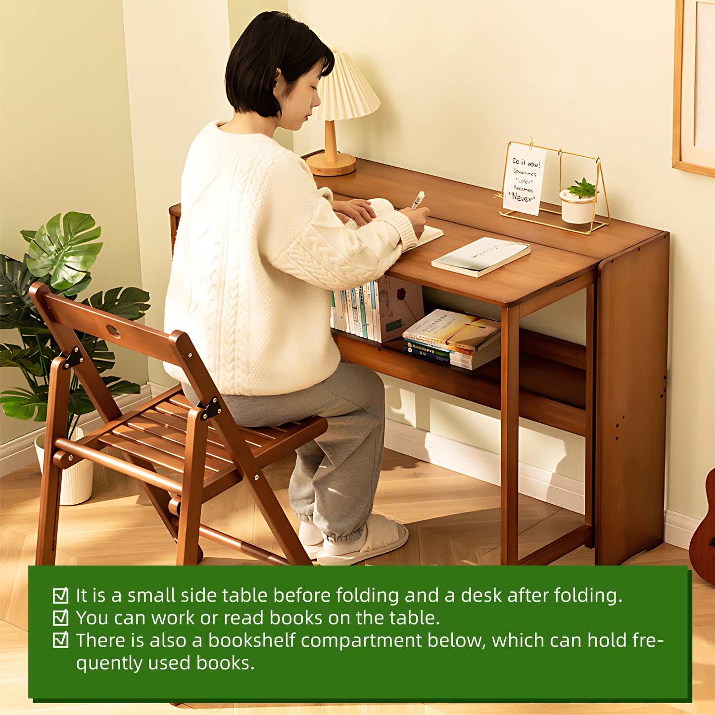 Bamboo Folding Desk,Space-Saving Computer Desk for Small Spaces, Foldable Study Table for Bedroom, Home Office, Dorm, Apartment (Walnut) image 5