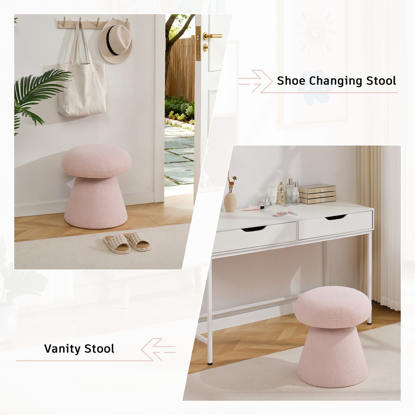 066-Teddy Fabric Soft-padded Footstool, Mushroom shaped Ottoman, Shoe-changing Stool, Makeup Stool,No Installation Required, Suitable For Bedrooms, Living Rooms, Powder Rooms Or Entrances, Pink image 6
