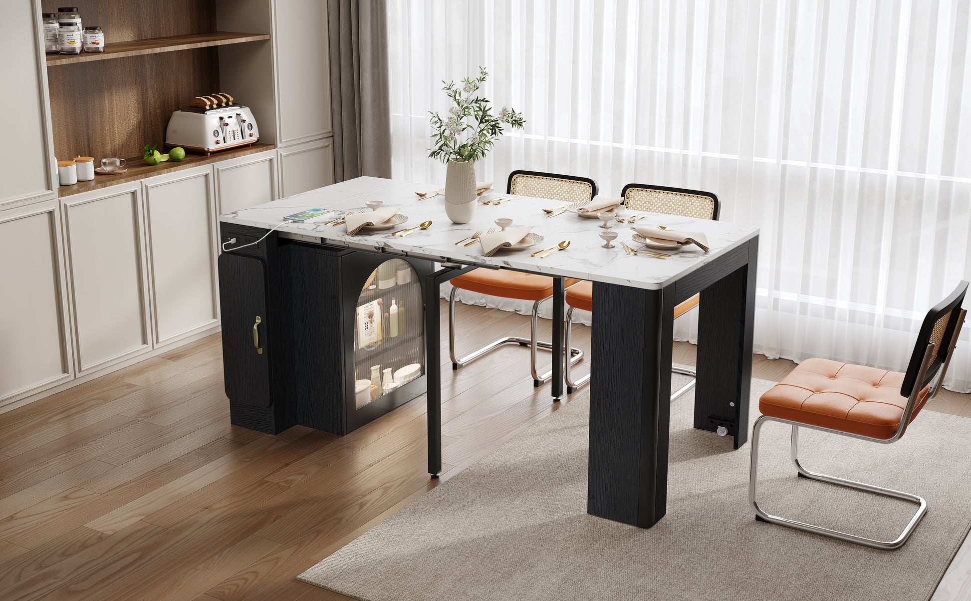 TREXM Extendable Dining Table with 3 Removable Middle Leaves, Mobile Rolling Island Table with Power Outlet, Saving-space Cabinet with Storage for Dining Room and Living Room (BLACK AND MARBLE WHITE) image 4
