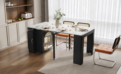 TREXM Extendable Dining Table with 3 Removable Middle Leaves, Mobile Rolling Island Table with Power Outlet, Saving-space Cabinet with Storage for Dining Room and Living Room (BLACK AND MARBLE WHITE) image 4