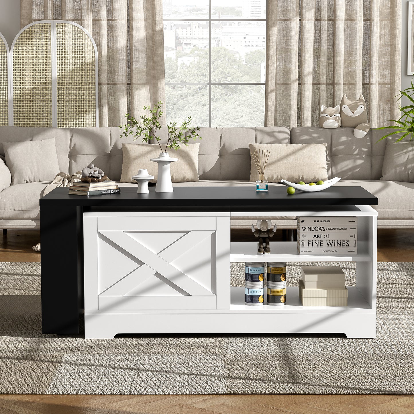 U-Can Farmhouse Lift Top Coffee Table With Barn Doors, Wood Rectangle Center Table With Large Hidden Storage Space And Open Cabinet, For Living Room, Bedroom, Home Office image 2