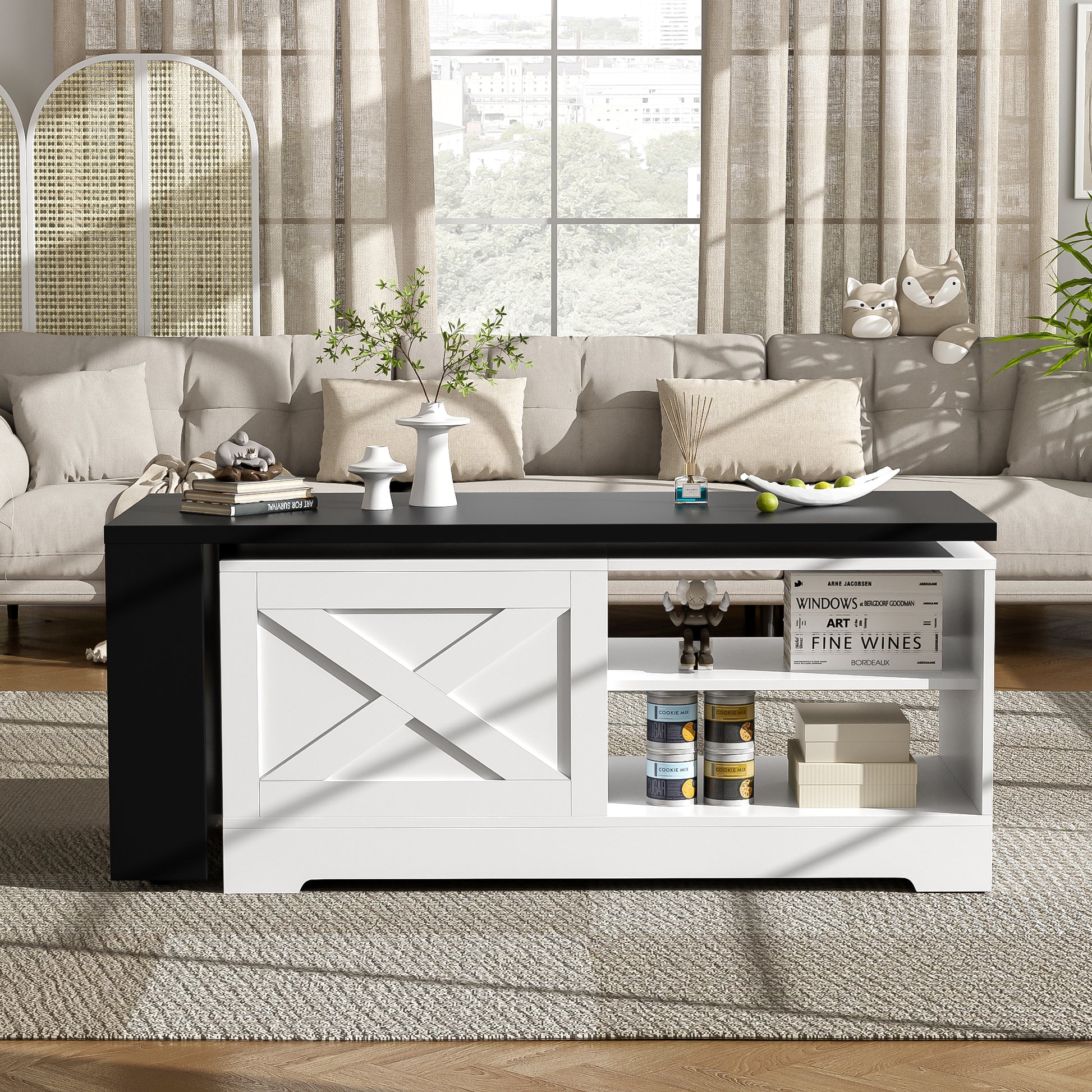 U-Can Farmhouse Lift Top Coffee Table With Barn Doors, Wood Rectangle Center Table With Large Hidden Storage Space And Open Cabinet, For Living Room, Bedroom, Home Office image 2