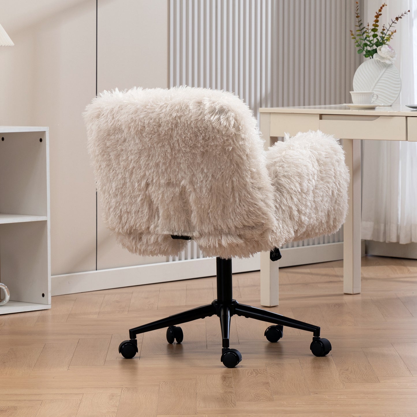 Criss Cross Chair with 5-Gear Adjustable Armrests & Wheels, Ergonomic Thickened Backrest Swivel Desk Chair for Home Office, Vanity, Bedroom and Living Room, Beige Lamb wool image 10