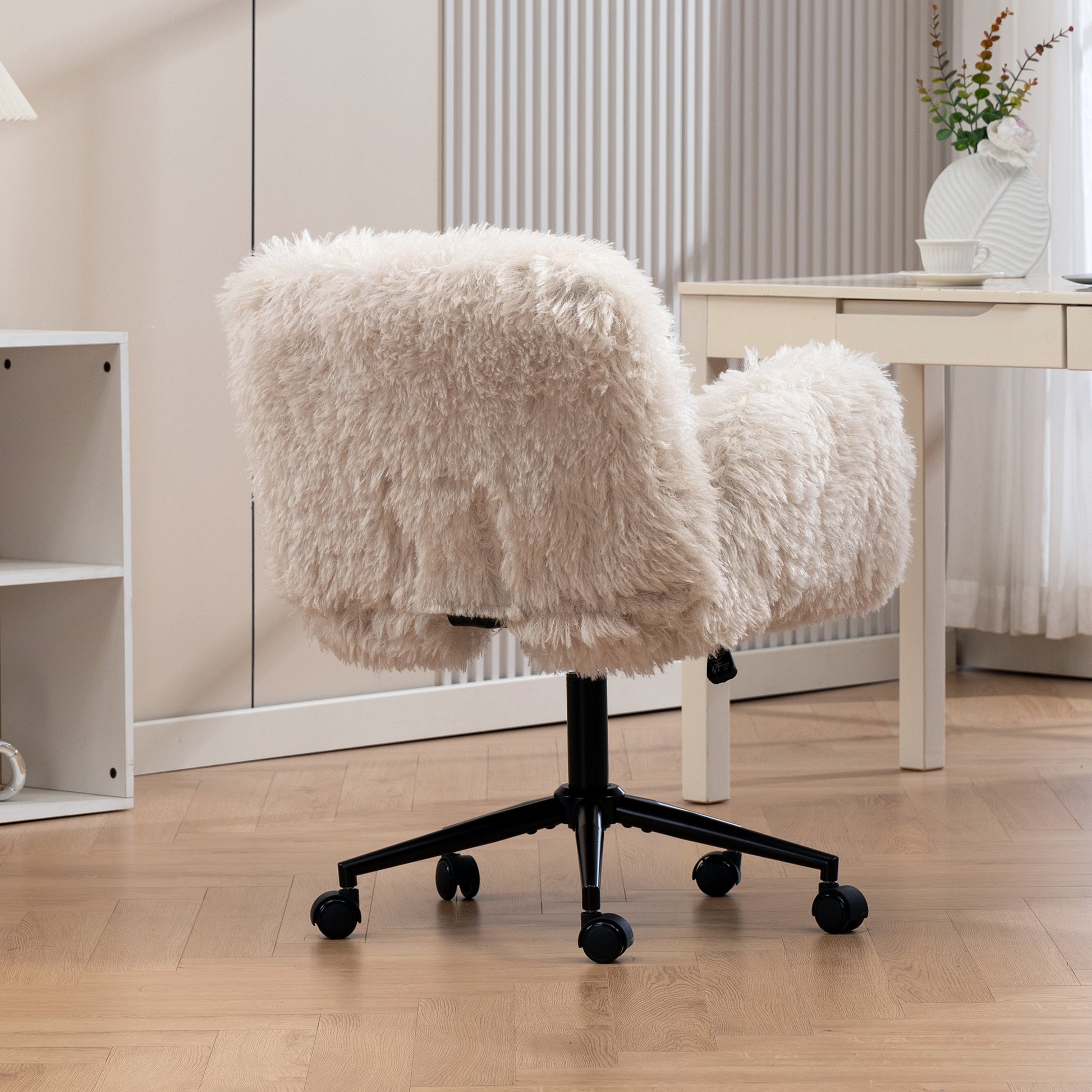 Criss Cross Chair with 5-Gear Adjustable Armrests & Wheels, Ergonomic Thickened Backrest Swivel Desk Chair for Home Office, Vanity, Bedroom and Living Room, Beige Lamb wool image 10