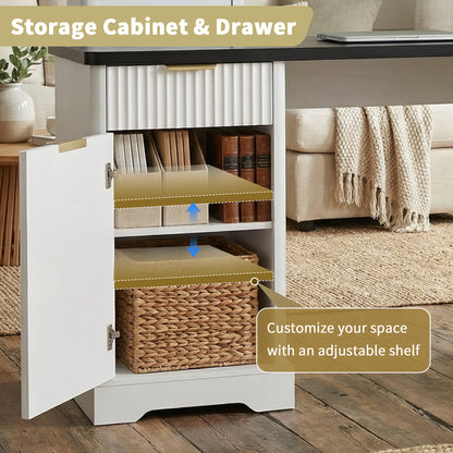 59" Modern Fluted L-Shaped Desk with Charging Station & Storage Cabinet - Home Office Computer Desk with Monitor Stand, File Drawer and Removable Support Shelf for Study, Home Office, White image 12
