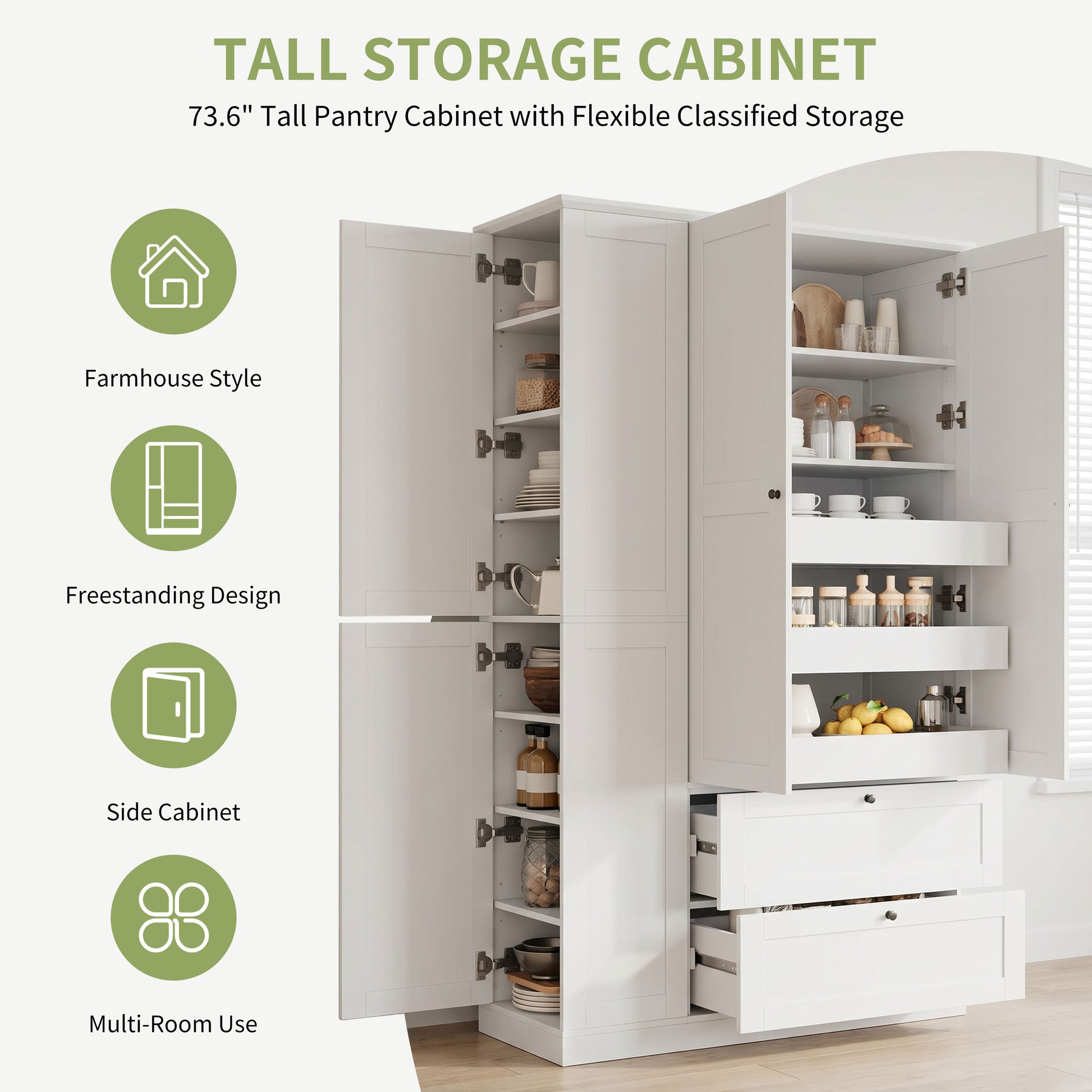 TOPMAX 73.6" Tall Farmhouse Kitchen Pantry Cabinet with 8 Shelves, 2 Drawers, 3 Pull-Out Trays, 4 Doors and Side Cabinets for Kitchen & Dining Room, White image 4
