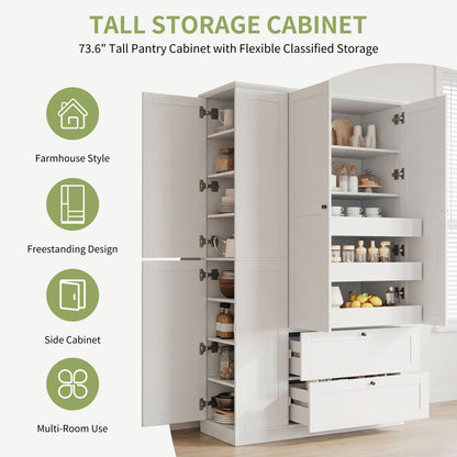 TOPMAX 73.6" Tall Farmhouse Kitchen Pantry Cabinet with 8 Shelves, 2 Drawers, 3 Pull-Out Trays, 4 Doors and Side Cabinets for Kitchen & Dining Room, White image 4