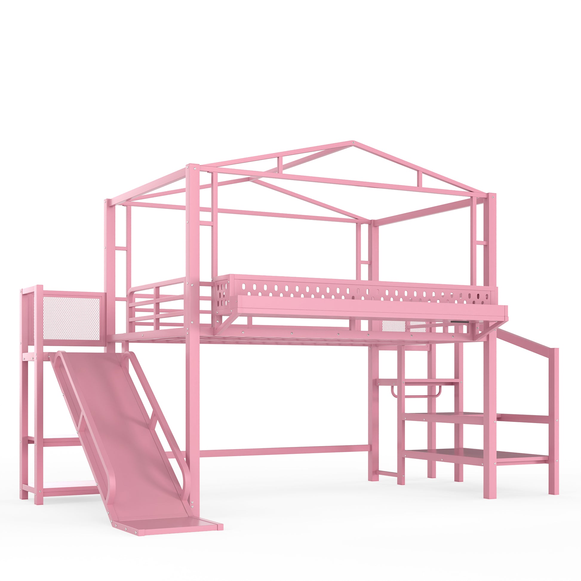 Full Size Loft Bed with Storage Stairs, Shelves and Built-in Wardrobe, Metal Loft Bed Frame with USB Ports and LED Lights, Noise-reduced Design, Pink image 10