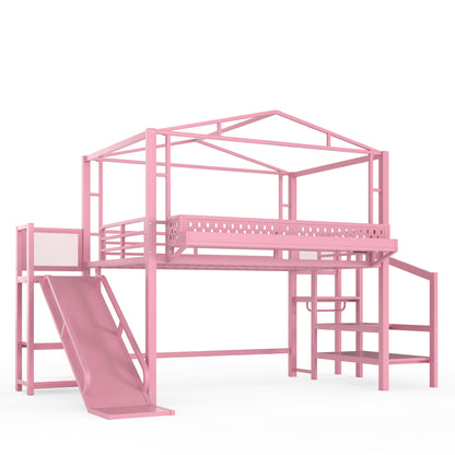 Full Size Loft Bed with Storage Stairs, Shelves and Built-in Wardrobe, Metal Loft Bed Frame with USB Ports and LED Lights, Noise-reduced Design, Pink image 10
