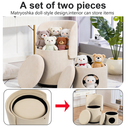 Decorative chair with storage, 360° rotating corduroy vanity & dining chair, soft padded seat, free cat bed stool included, beige, ideal for bedroom, dressing room and living room. image 3