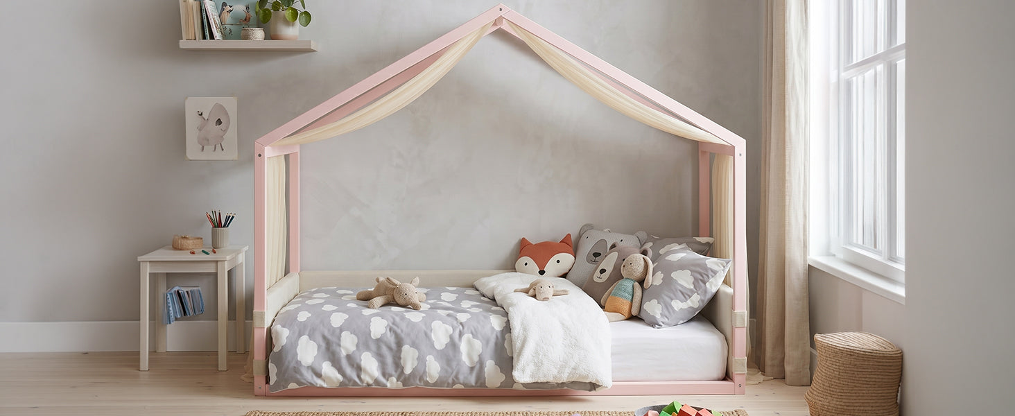 Twin Size Canopy Bed with Upholstered Velvet Side Panels, Breathable Gauze Canopy, Soft-Padded Platform Bed Frame, Easy Assembly Modern Bed for Bedroom, Guest Room-Pink image 6