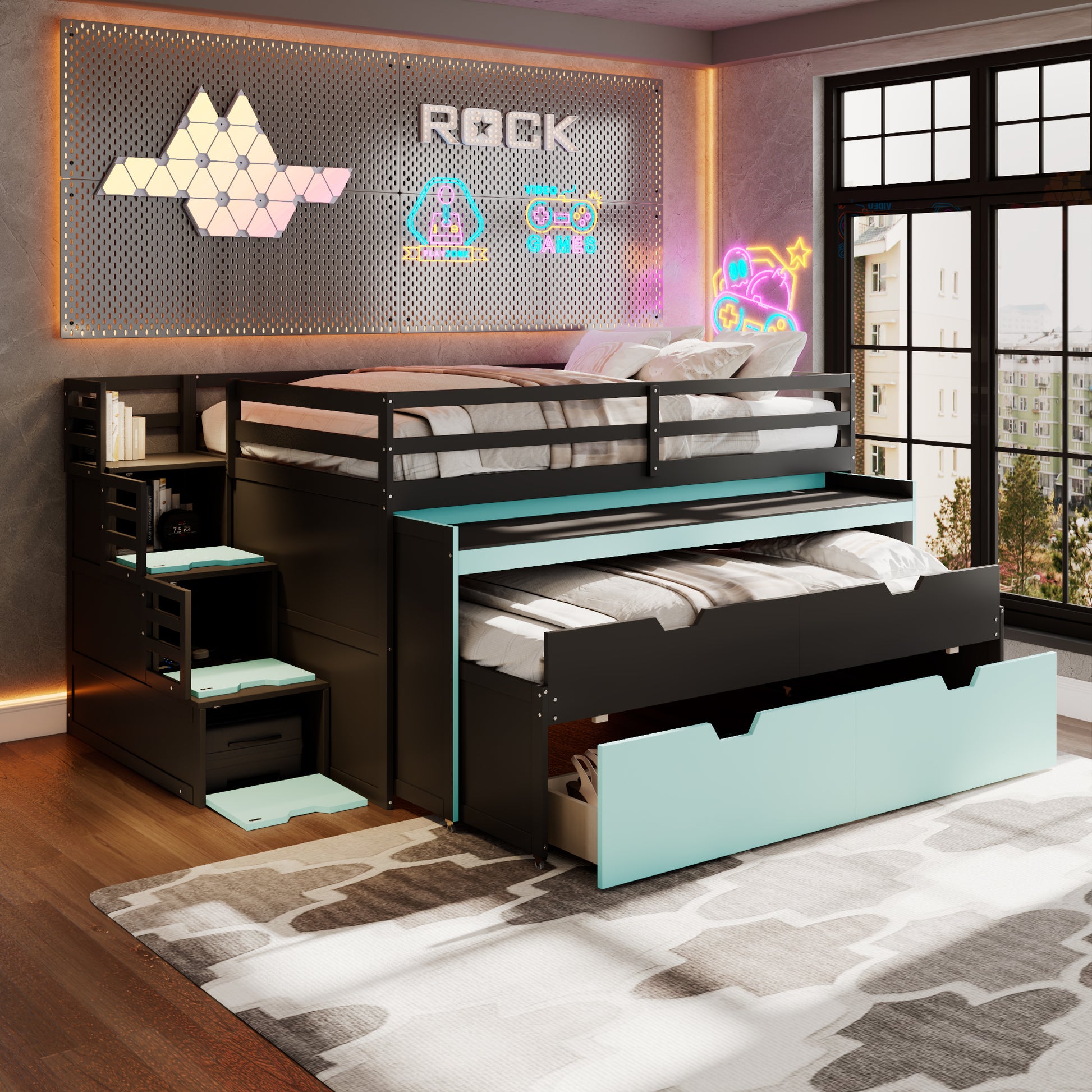 Full XL Loft Bed with Pull-Out Desk and Twin Trundle, Multi-Functional Bunk Bed with 2 Storage Drawers and Storage Steps, Space-Saving Gaming & Workstation Bedframe, Black+Blue image 4