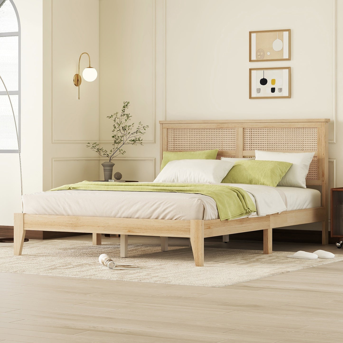 Queen Size Rubber Wooden, Solid Wooden Bed with Rattan Headboard, Enhanced by Support Feet,Natural image 7