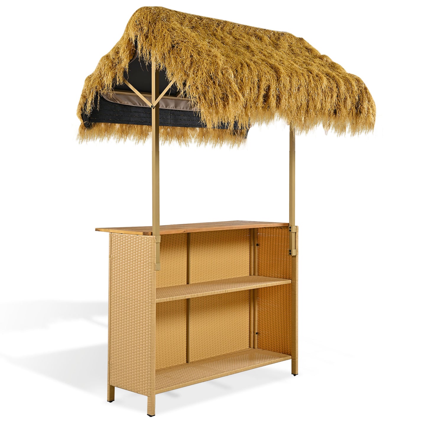 GO Hawaiian-style Bar Height Patio Set with PE Grass Canopy, Outdoor Bar Table and Stools with Adjustable Feet, Acacia Wood Top, for Dining and Drinking, Natural image 10