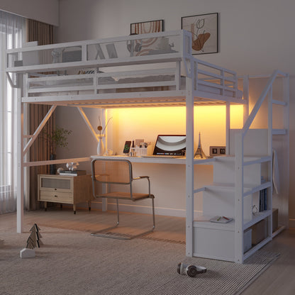 Queen Loft Bed with Desk and Charging Station, Queen Size Metal Loft Bed with Stairs and Light for Kids Teens,White(Old SKU W2580S00033) image 1