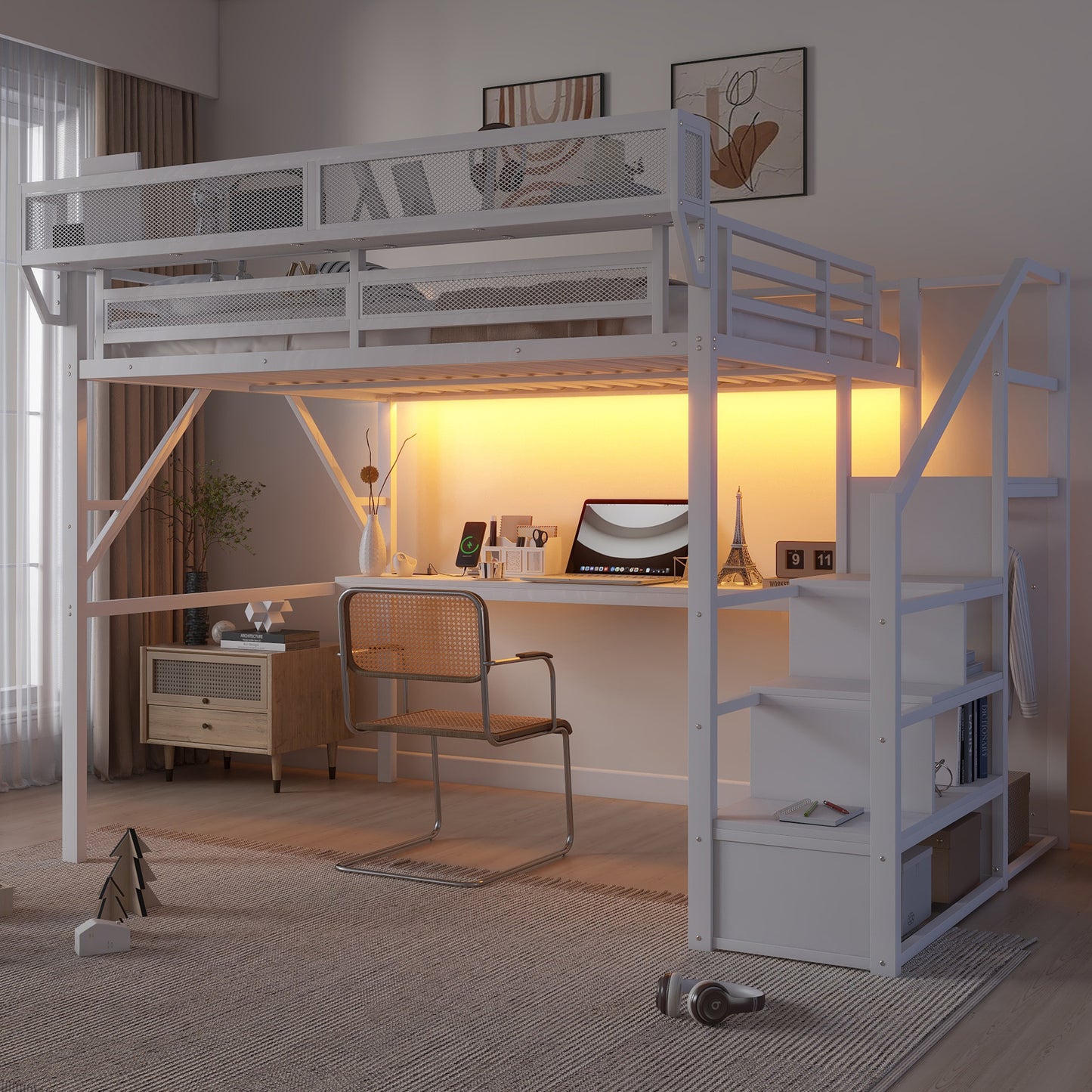 Queen Loft Bed with Desk and Charging Station, Queen Size Metal Loft Bed with Stairs and Light for Kids Teens,White(Expect Arrival Date 2026/3/7) image 6