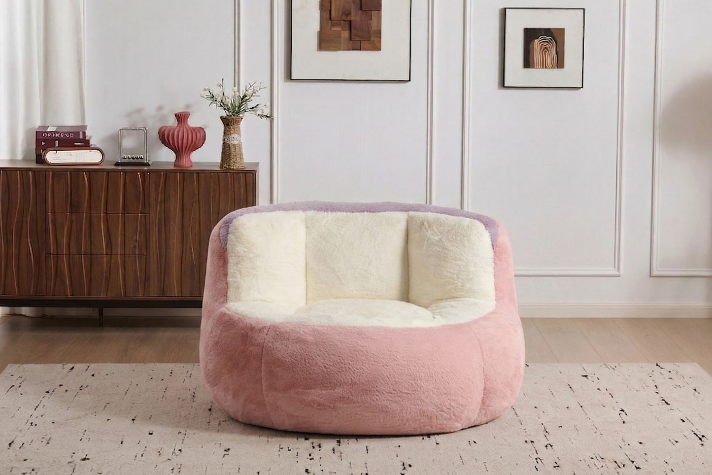 Oversized Bean Bag Chairs,Multicolor Faux Fur Couch Filled with Shredded Sponge,Large Lounger Sofa For Living Room,No Assembly Required, Pink+White+Purple image 10