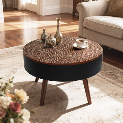 31.5" Round Carved Coffee Table with Storage Space, Mid-Century Modern Wooden Tea Table for Living Room, Apartment, Office,Brown+ Black. image 2