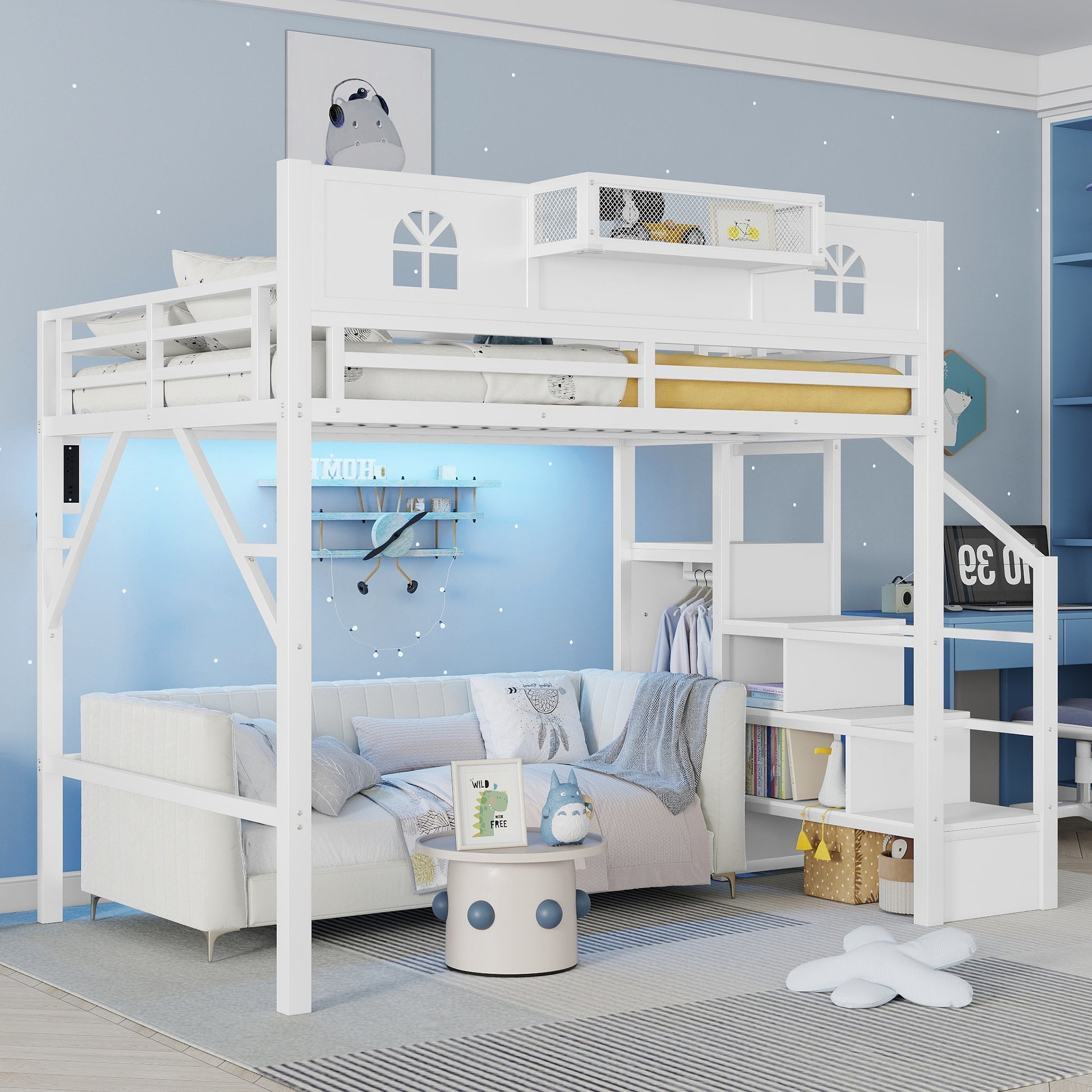 Full Size Loft Bed with Stairs, Metal Full Loft Bed with High and House Shaped Guardrails, High Loft Bed with Wardrobe for Kids Teens, White (Old SKU W2593S00037 Expect Arrival Datee2026/3/17) image 2