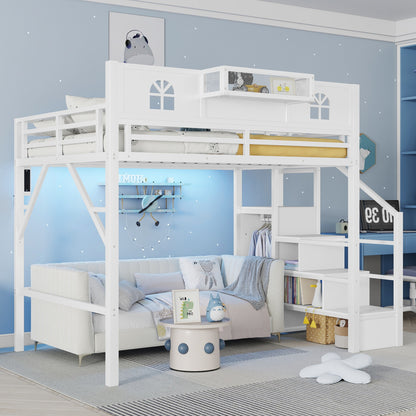 Full Size Loft Bed with Stairs, Metal Full Loft Bed with High and House Shaped Guardrails, High Loft Bed with Wardrobe for Kids Teens, White (Old SKU W2593S00037 Expect Arrival Datee2026/3/17) image 2