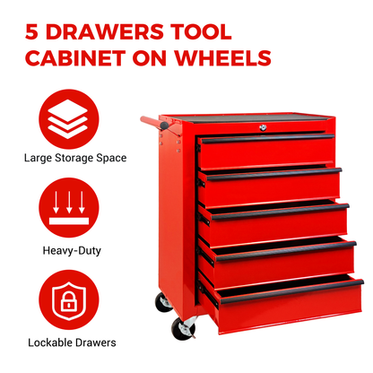 Rolling Metal Tool Chest with 5 Drawers, 20" 5-Drawer Tool Chest Cabinet with Ball Bearing Drawer Slides, Steel Tool Storage Box Organizer-RED image 12