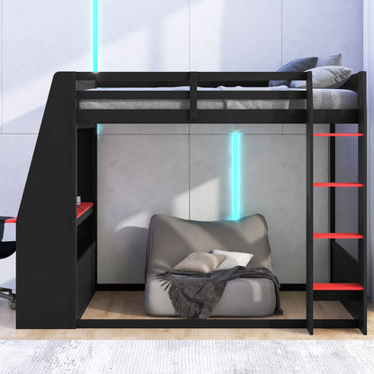 Full Size Wooden Gaming Bunk Bed with Desk,Two Storage Shelves,USB and LED Light image 2