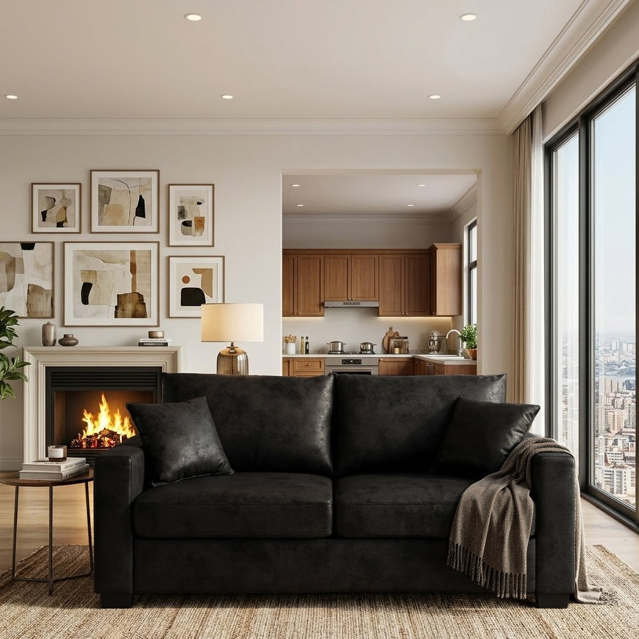 This 69-inch two-seater sofa features a Foil fabric and comes with two throw pillows, offering a comfortable seating experience suitable for any setting. image 5