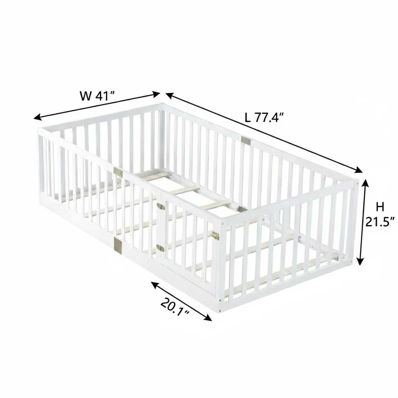 Twin Size Floor Bed with High Fence Railings, with Door, Rubber Wood Floor Bed with Safety Guardrails,White (Old Sku W504P287652) image 8