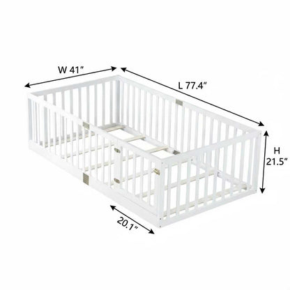 Twin Size Floor Bed with High Fence Railings, with Door, Rubber Wood Floor Bed with Safety Guardrails,White (Old Sku W504P287652) image 8