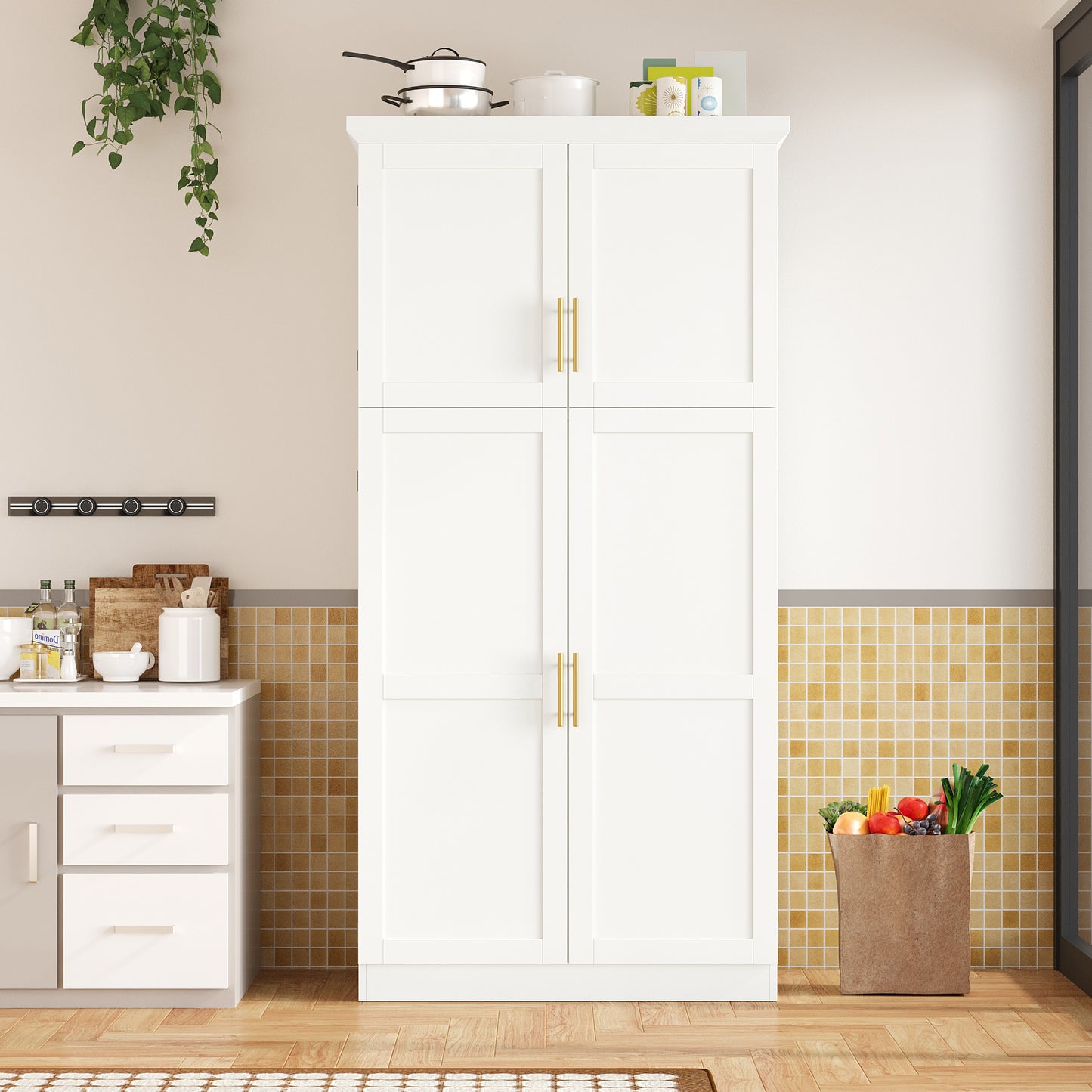 [Assembly Video Provided] TOPMAX 35.5x17.6x70.9inch Freestanding Kitchen Pantry Cabinet, Tall Storage Cabinet with 4 Doors, 2 Door Shelves, 8 Pull-out Trays and Adjustable Shelf for Dining Room, White image 6