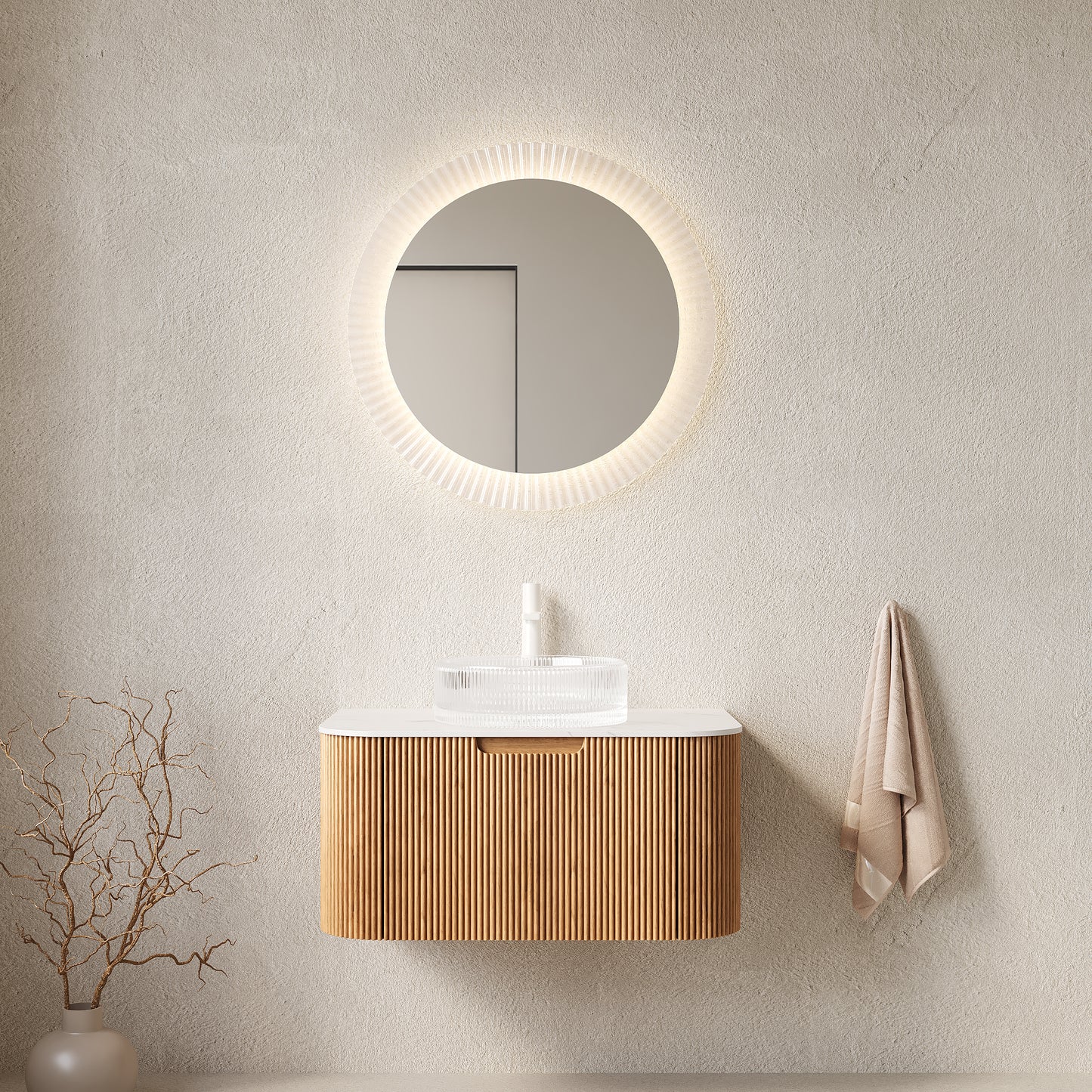 DINA 30" Bathroom Vanity with Sink, Wall-Mounted Floating Curved Edges Striped Storage Cabinet with Drawer, Transparent Round Glass Basin and Countertop, Pre-assembled, Natural Woodgrain Color image 1