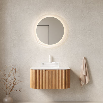 DINA 30" Bathroom Vanity with Sink, Wall-Mounted Floating Curved Edges Striped Storage Cabinet with Drawer, Transparent Round Glass Basin and Countertop, Pre-assembled, Natural Woodgrain Color image 1