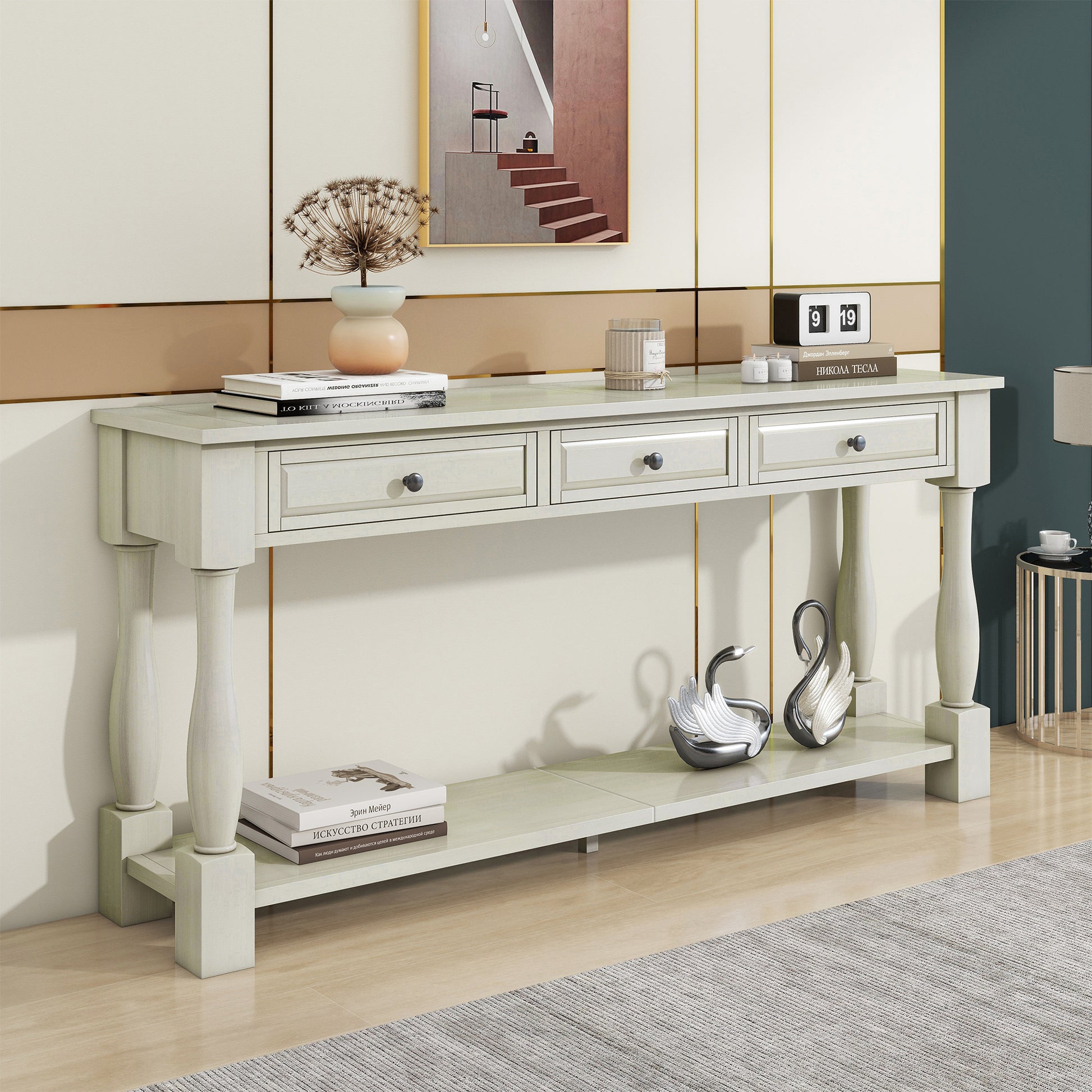 TREXM Console Table 63" Long Console Table with Drawers and Shelf for Entryway, Hallway, Living Room (Antique White, OLD SKU: WF314993AAK) image 9