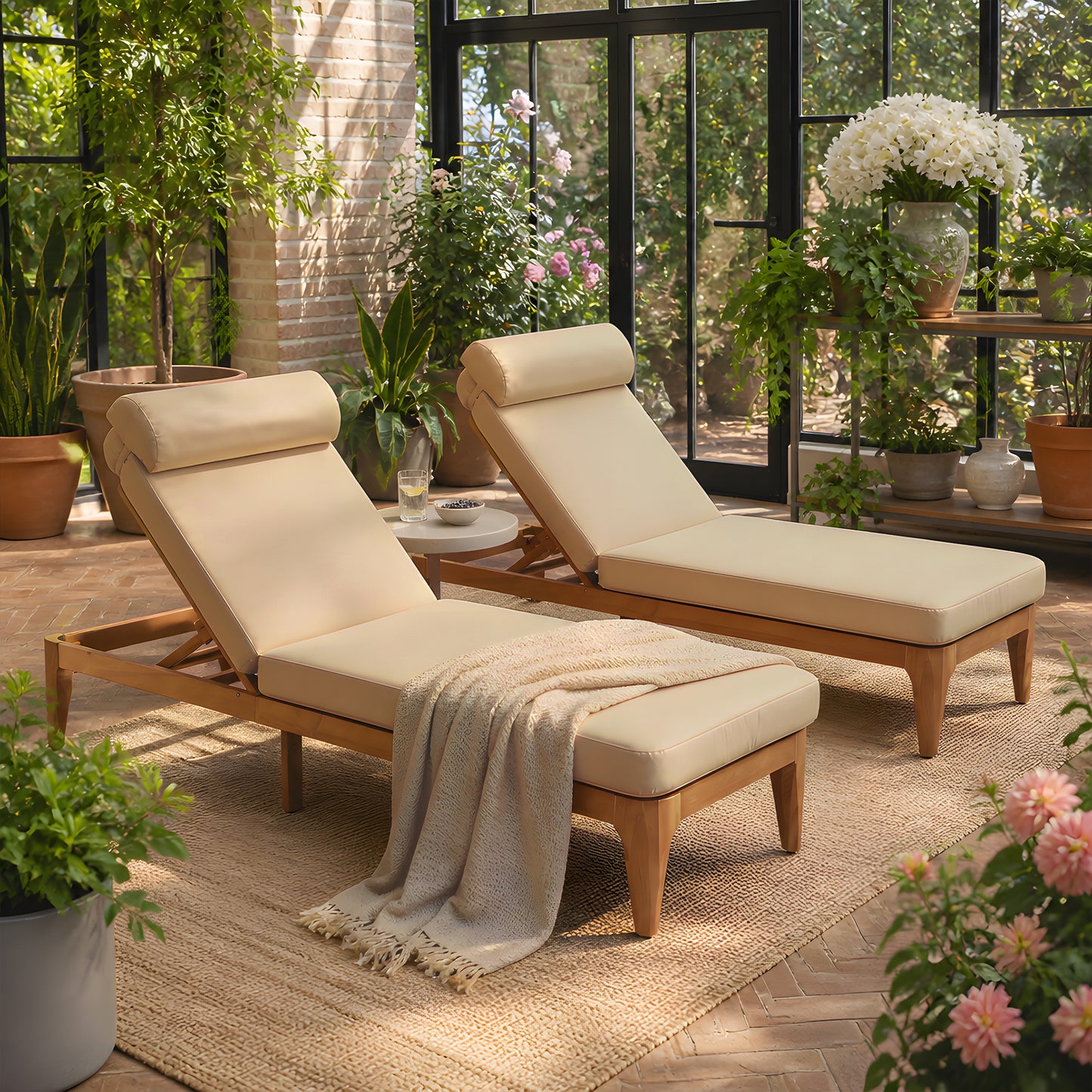TOPMAX Acacia Wood Chaise Lounge, Outdoor Sun Lounge Chair, Patio Recliner with Adjustable Backrest and Head Pillow for Poolside, Backyard, Garden, Indoor&Outdoor, set of 2, Coffee Brown image 3