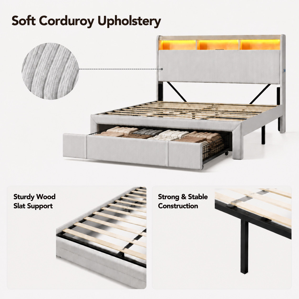 Full-size upholstered bed with drawers, featuring an upholstered storage headboard, heavy metal crossbar support, LED and USB charging, silent design, beige (mattress not included) image 8