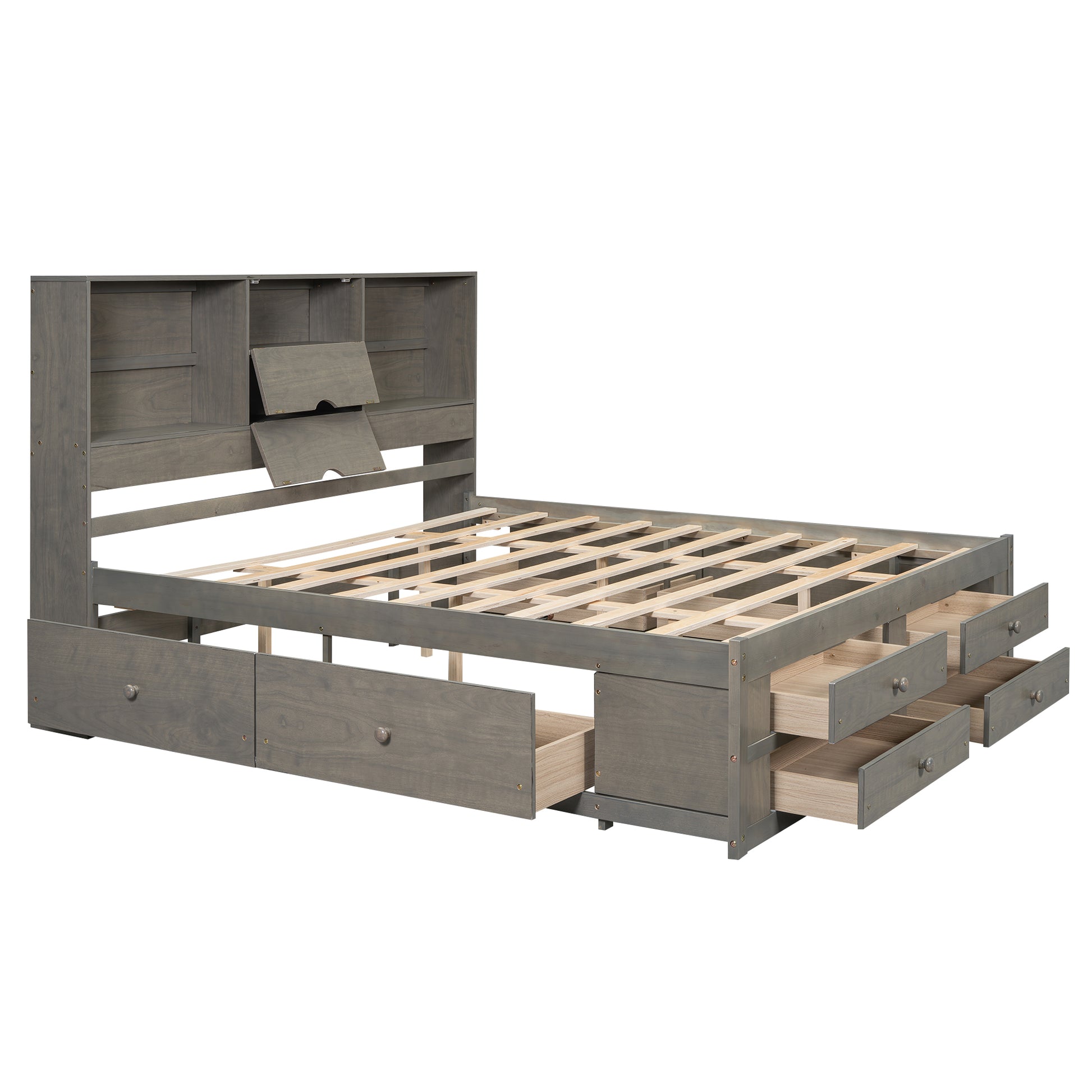 King Size Platform Bed with Storage Headboard and 8 Drawers, Gray image 12