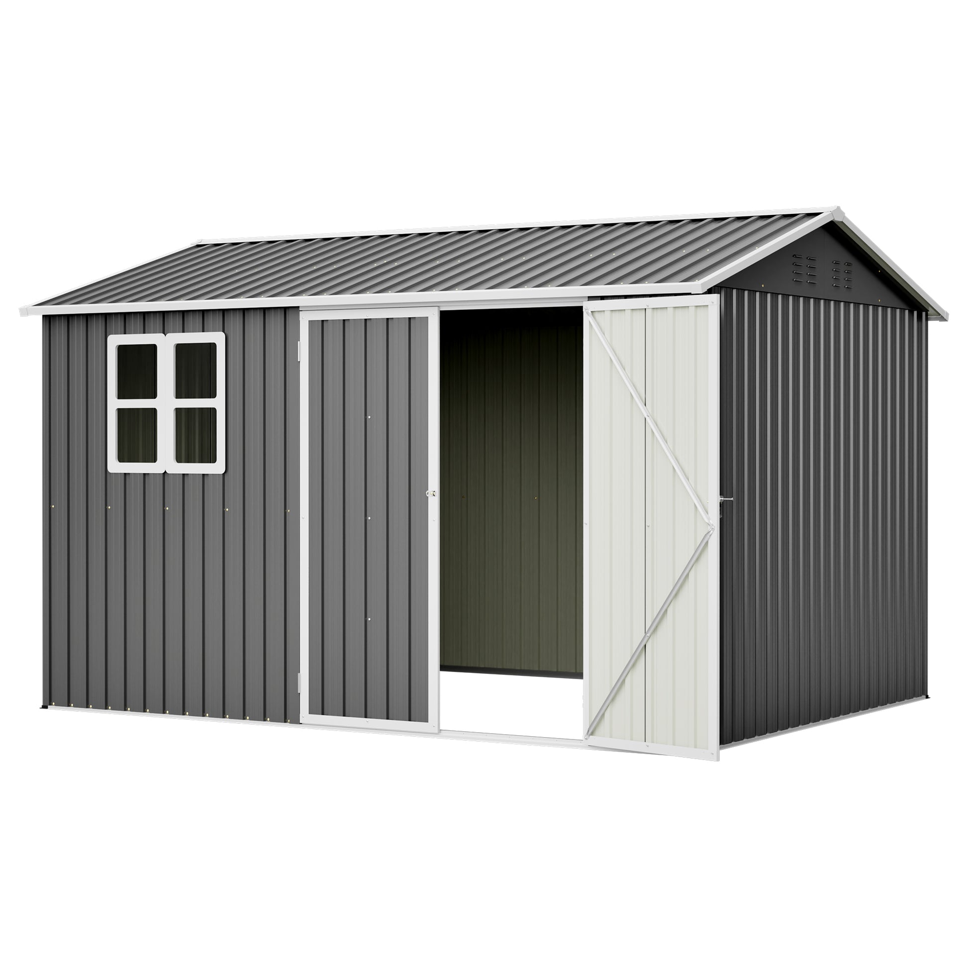 10'x8' Oversized Steel Storage Shed with Window, Lockable Doors & Sloped Roof, Heavy Duty Outdoor Tool Shed for Garden, Patio, Backyard, Lawn - Dark Gray image 7