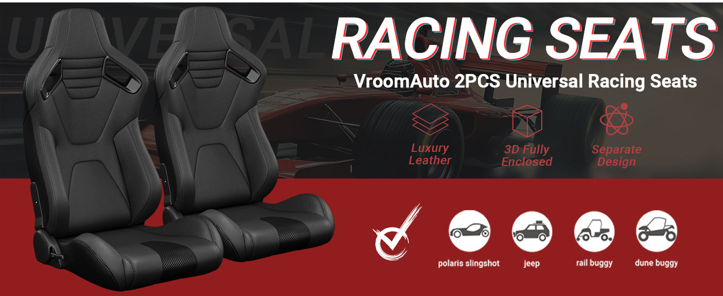 2PC New Universal Bucket Racing Seats Black Stitch Black PVC Leather Reclinable Carbon Look Leather Back With Adjustor Slider(Not Including Seat Bracket) 1 box of 2 pieces image 5