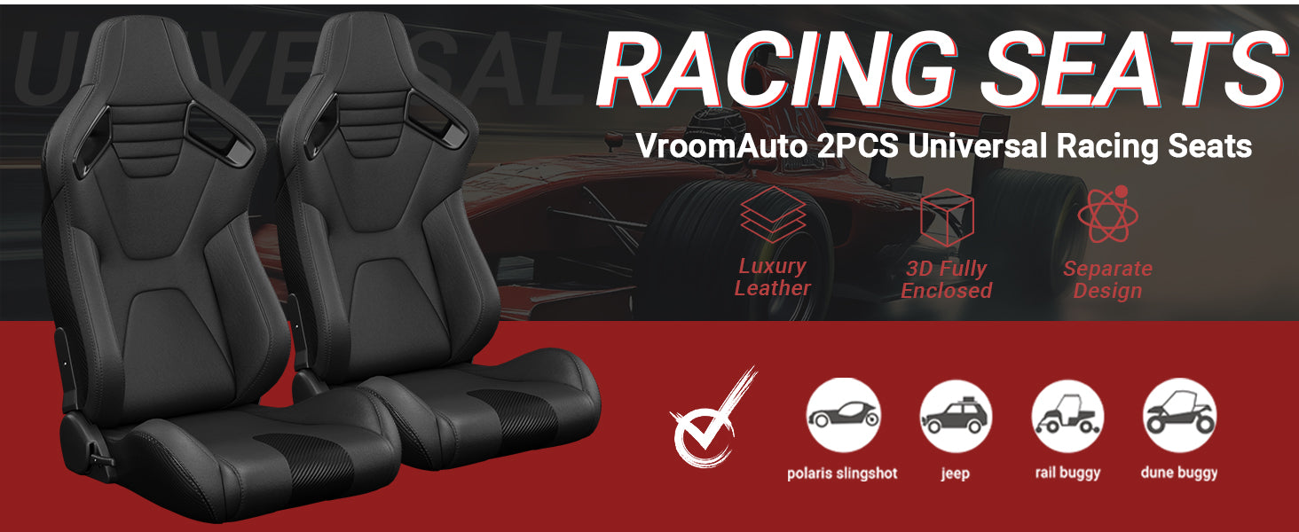2PC New Universal Bucket Racing Seats Black Stitch Black PVC Leather Reclinable Carbon Look Leather Back With Adjustor Slider(Not Including Seat Bracket) 1 box of 2 pieces image 5