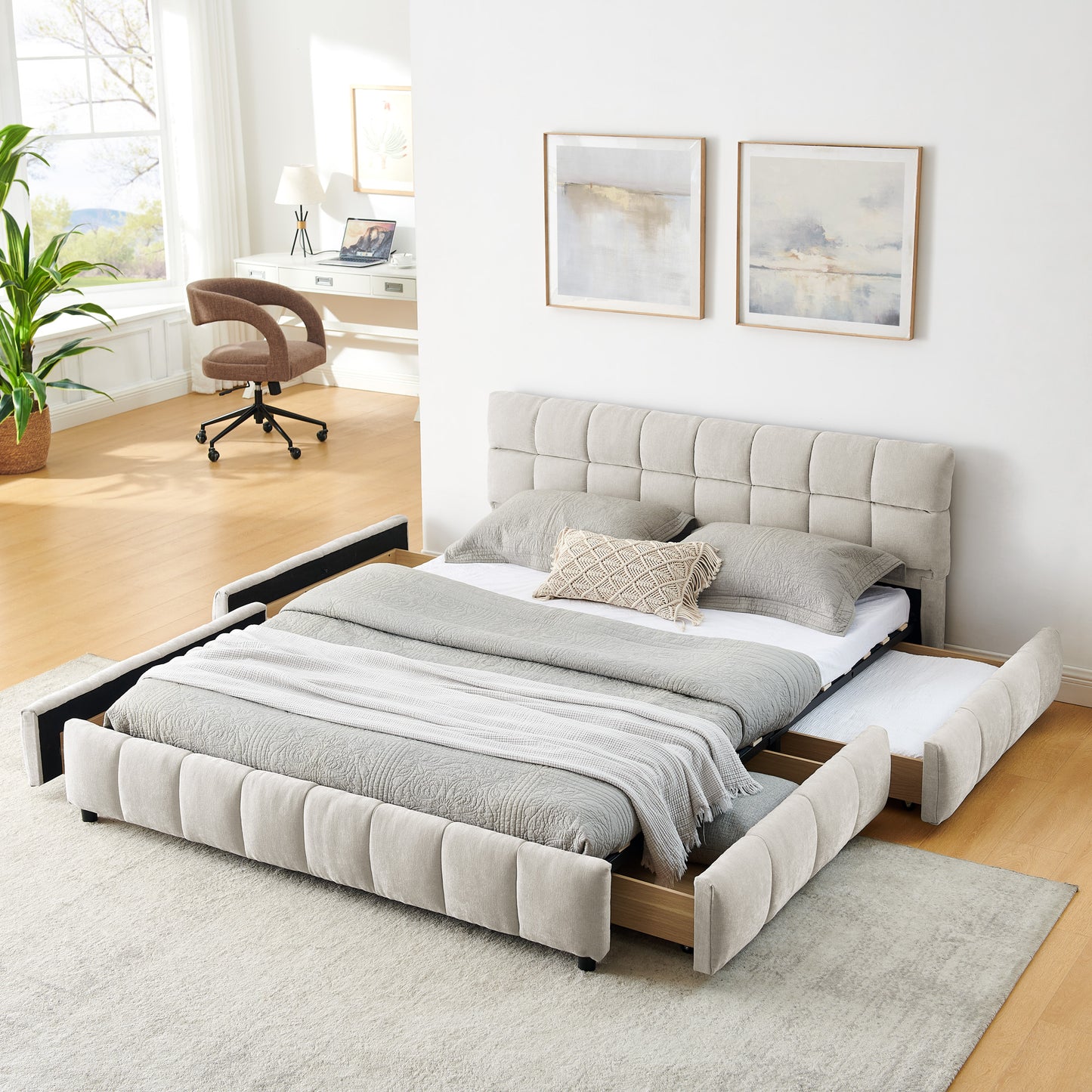 Queen Size Upholstered Bed,comfortable upholstered bed frame, Chenille fabric, with headboard and solid bed frame. With drawer for storage.-Beige(88.5''*68.5''*31'') image 1