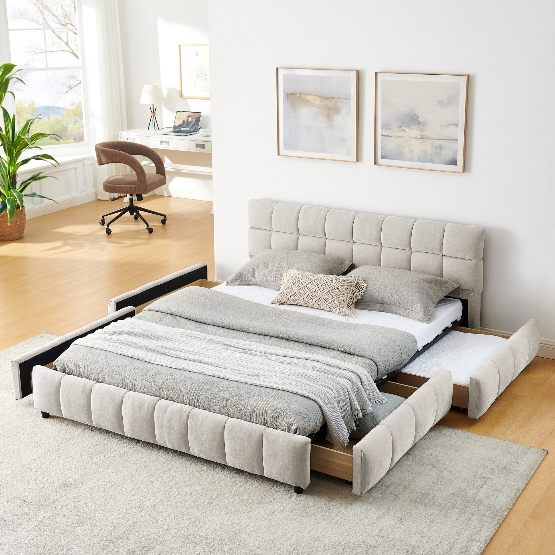 Queen Size Upholstered Bed,comfortable upholstered bed frame, Chenille fabric, with headboard and solid bed frame. With drawer for storage.-Beige(88.5''*68.5''*31'') image 1