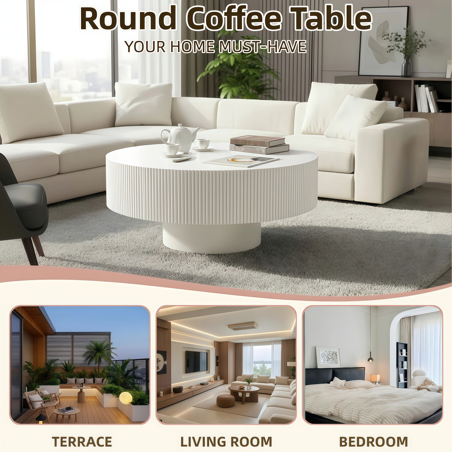Round Coffee Table, Fluted Coffee Table with Sturdy Pedestal, Mid Century Modern Coffee Table for Living Room, Bedroom, Terrace, Office, Small Space (White Round Thick) image 5