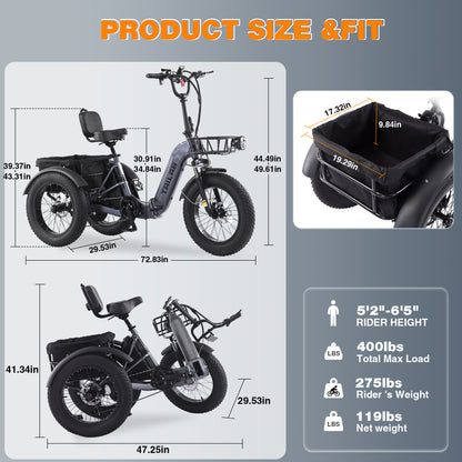 Electric Tricycle for Adults, 500W48V Folding Electric Trike, 20"x4.0"Fat Tire 3 Wheel Ebike,Step-Thru Aluminum Frame with Push-Button Reverse, Large Basket for Women Men image 9