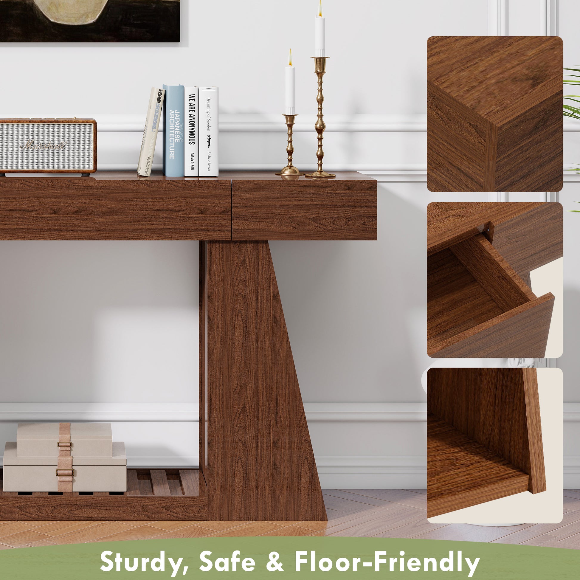 60 Inch Narrow Console Table with Built-in Power Outlet, Farmhouse Sofa Table Behind Couch, Entryway Foyer Table with Side Storage Compartment & Slatted Bottom Shelf, image 5