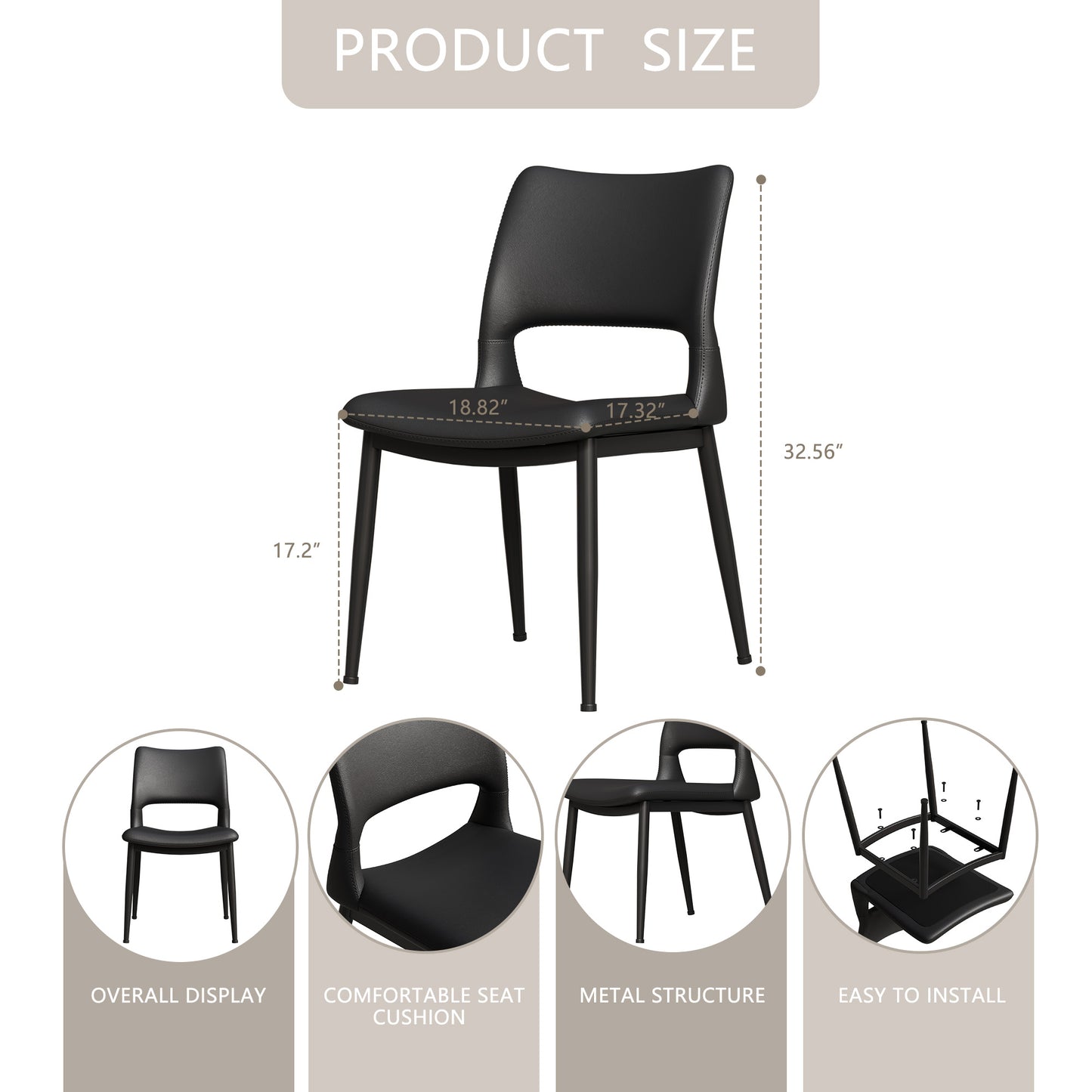 Modern minimalist black PU leather Dining Chairs Set of 2, comfortable backrest design, metal leg support, suitable for restaurants, kitchens, and offices. image 5