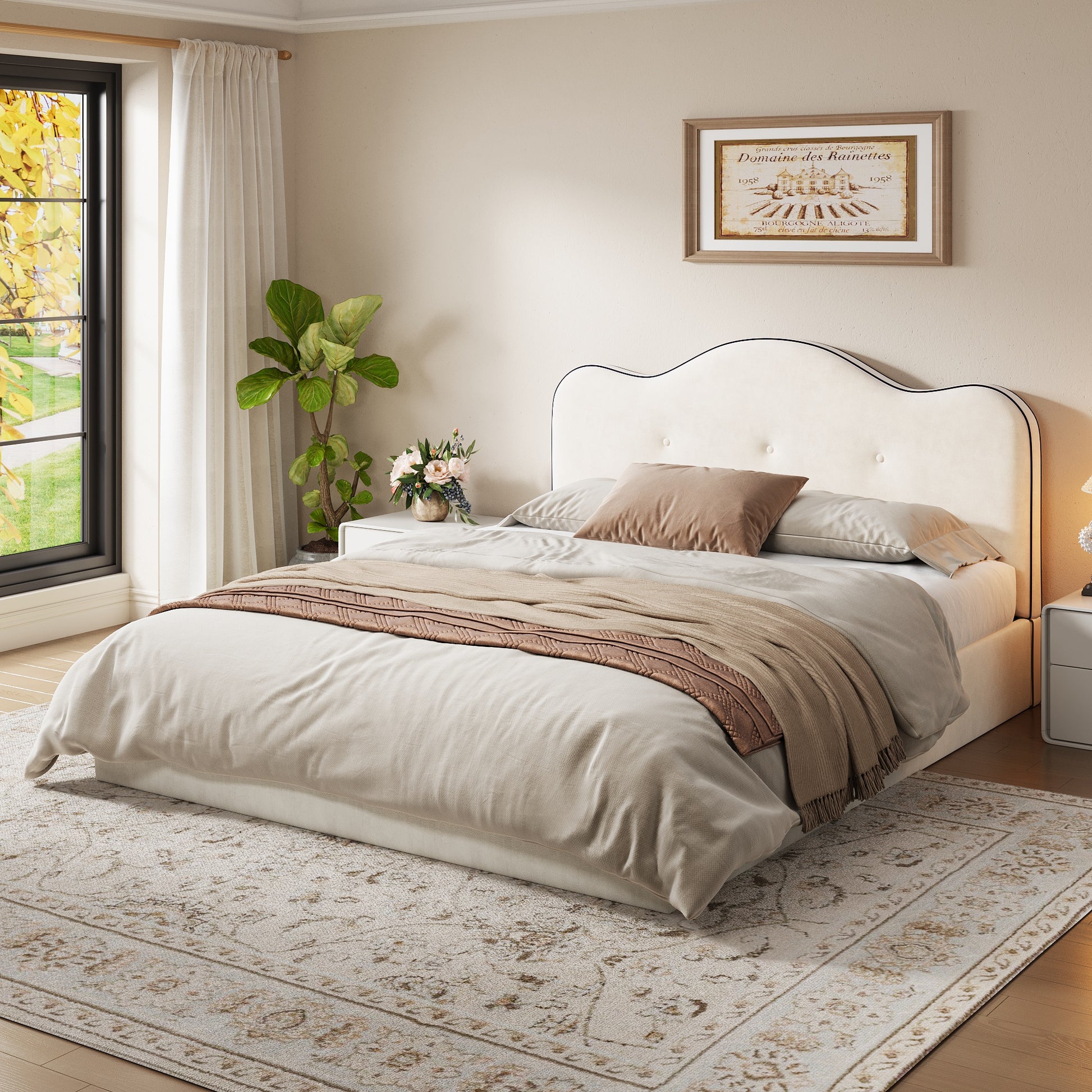 King Size Upholstered Platform Bed, Beige image 4