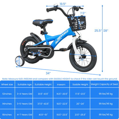 A1401 Kids Bike, 12 14 16 Inch Children Bicycle with Training Wheels, Front V-Brake & Coaster Brake, Basket, for Boys Age 3-7 Years Old image 8