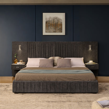 King Size Upholstered Bed Frame with Chenille fabric with pleated design,Grounded King Size Platform Bed with Headboard and Solid Frame and the bedside table.No Box Spring Needed-DARK GREY image 3