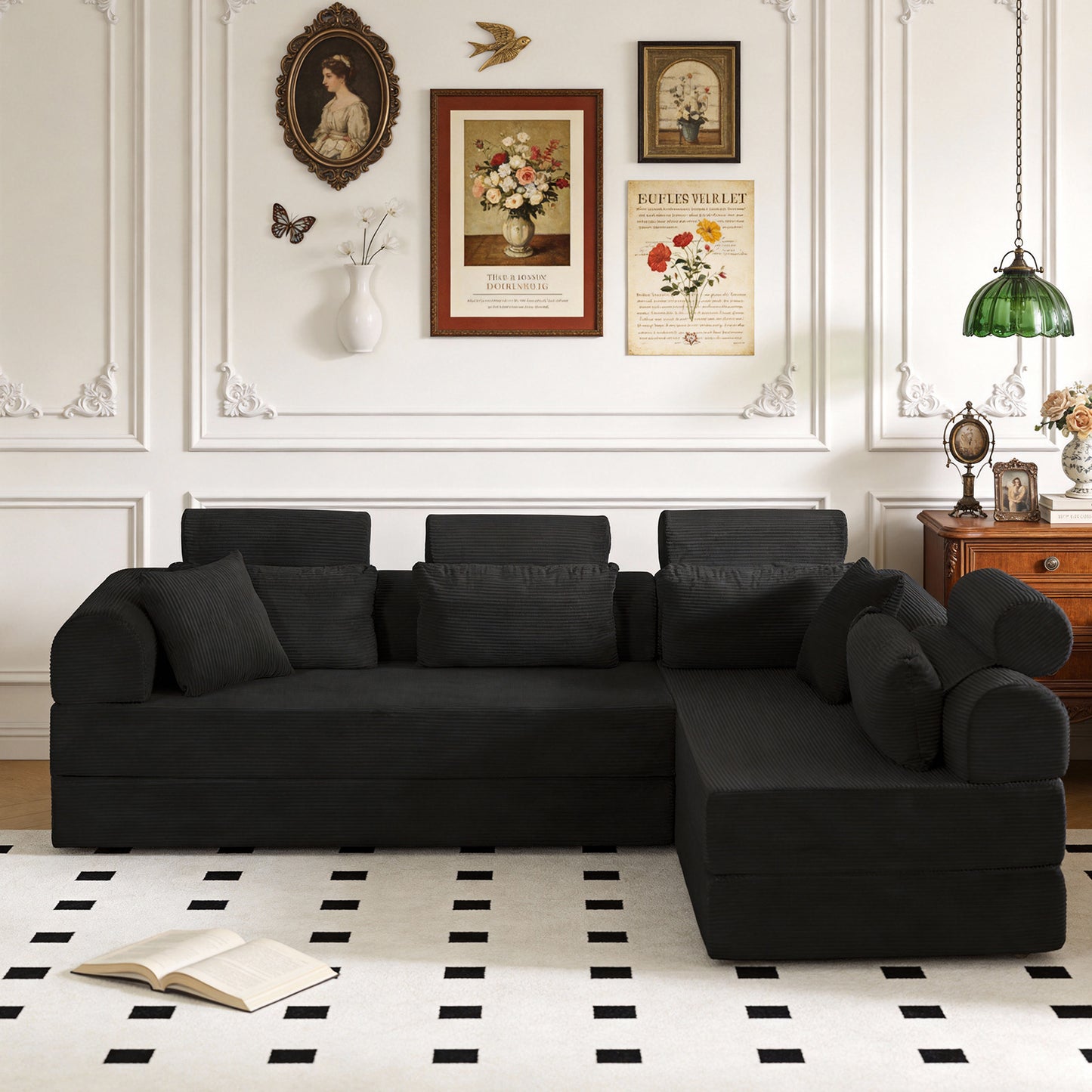 L shape Modular Sectional Sofa, Compressed Sectional Sofa Modern Minimalist Style Corduroy Couch,Unfold into a bed, Bedroom, Comfy Compressed Sofa Couch Space-Efficient Design(black) image 2