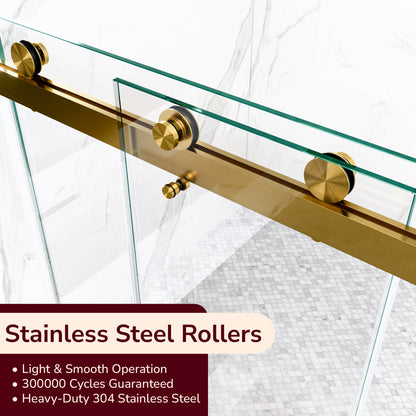 56"-60"W x 80"H Frameless Double Sliding Shower Door, 3/8 inches (10mm) Thick SGCC Tempered Glass Door, Brushed Gold image 6